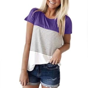 YunJey Purple - Grey Stripes - White Short Sleeve T-Shirt.  Size: Xtra Large
